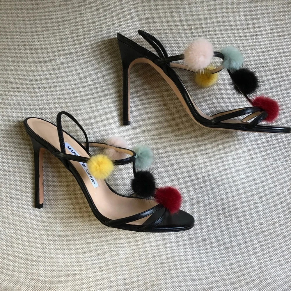 Manolo Blahnik Black Leather Slingback Heels with Multicolor Pom Poms